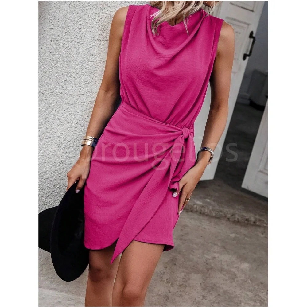 Hot Pink Crinkle Mini Dress Draped Neck Wrap Overlapping Side Tie Skirt - Picture 2 of 6